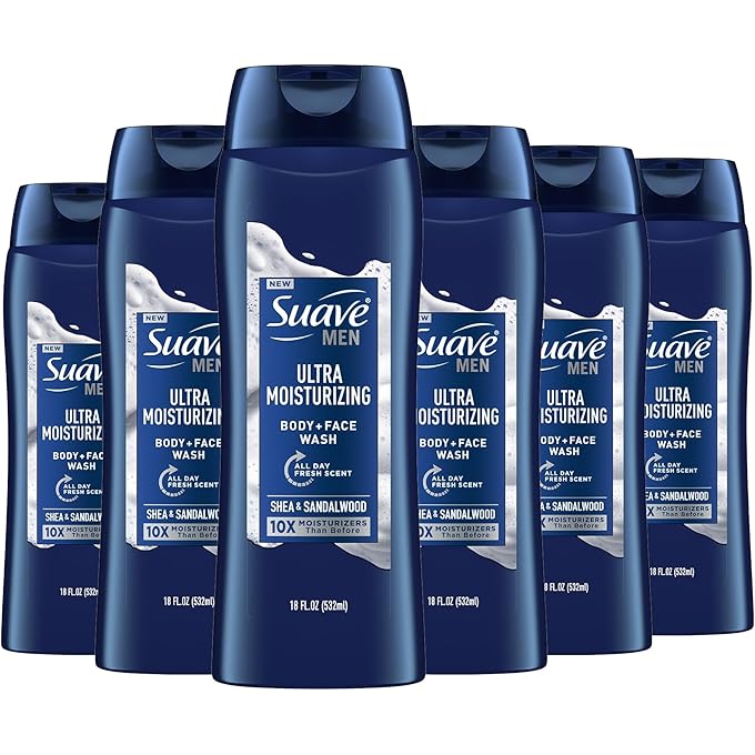 سواف غسول الجسم والوجه Suave Men Ultra Moisturizering Body، رائحة شيا آند ساندلوود، بدون بارابين، بدون فتاهالت، عبوة 18 أونصة من 6 - Image 1